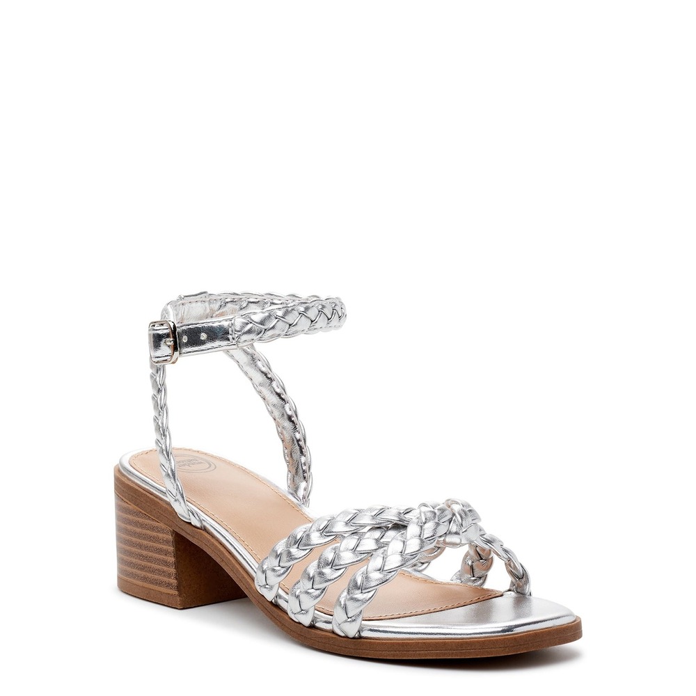 Wonder Nation Girls Silver Braided Block Heel Sandals Square Toe 3